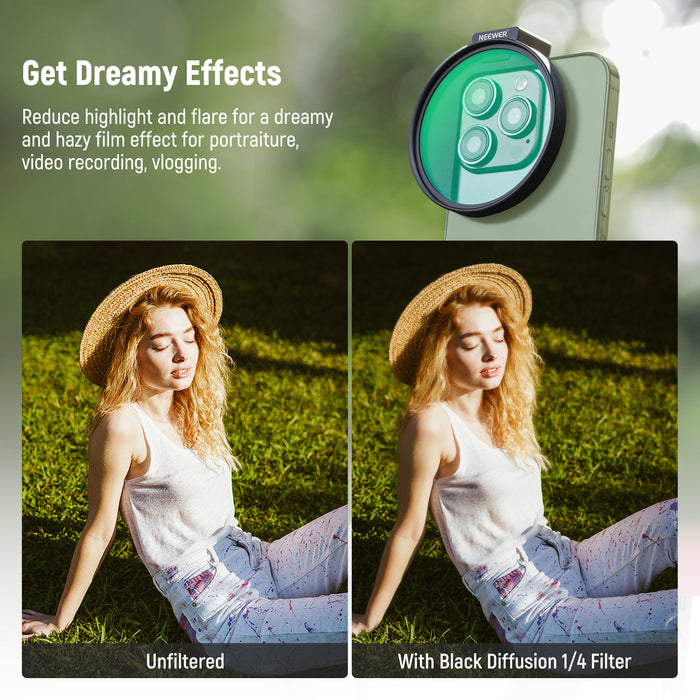 NEEWER FL-88 67mm 1/4 Black Diffusion Filter creates dreamy effects.