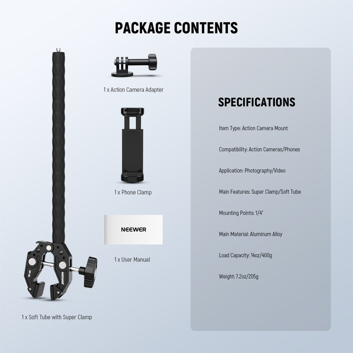 Package Contents of the NEEWER GP-26 Action Camera Mount Kit with Super Clamp