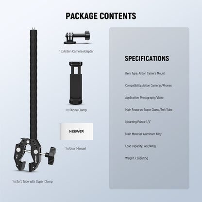 Package Contents of the NEEWER GP-26 Action Camera Mount Kit with Super Clamp