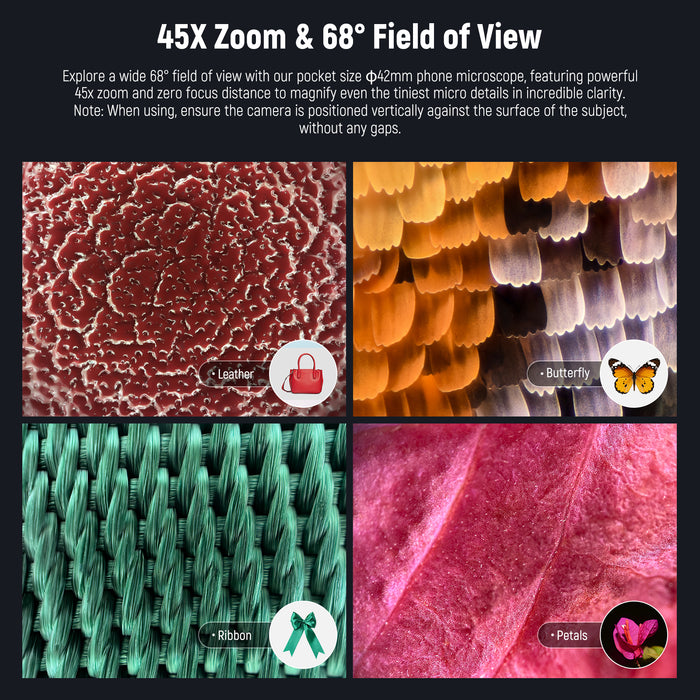 pocket-sized 42mm mobile microscope with a wide 68° viewing angle
