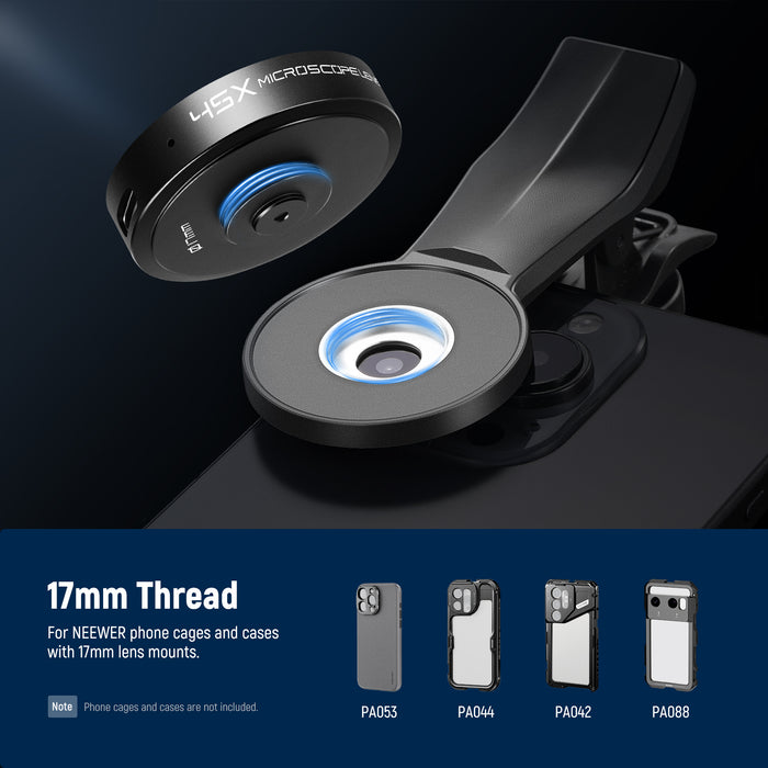 The lens is also suitable for NEEWER phone cages and backplate accessories with 17mm threads