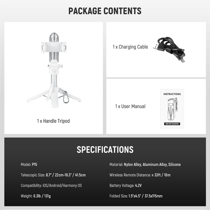 Package Contents of the NEEWER P15 3-in-1 Handheld Selfie Stick Tripod