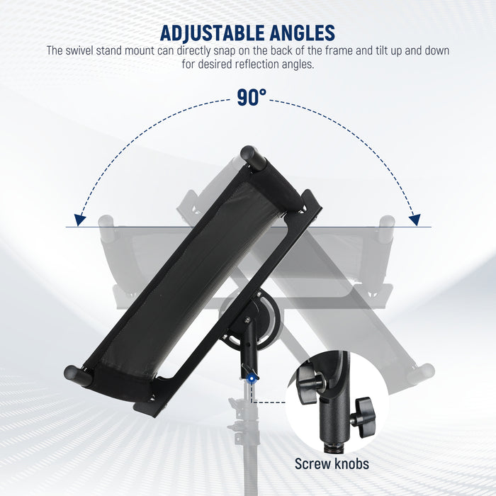 The swivel stand mount can directly snap on the back of the frame and tilt up and down for desired reflection angles.
