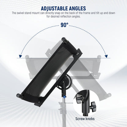 The swivel stand mount can directly snap on the back of the frame and tilt up and down for desired reflection angles.