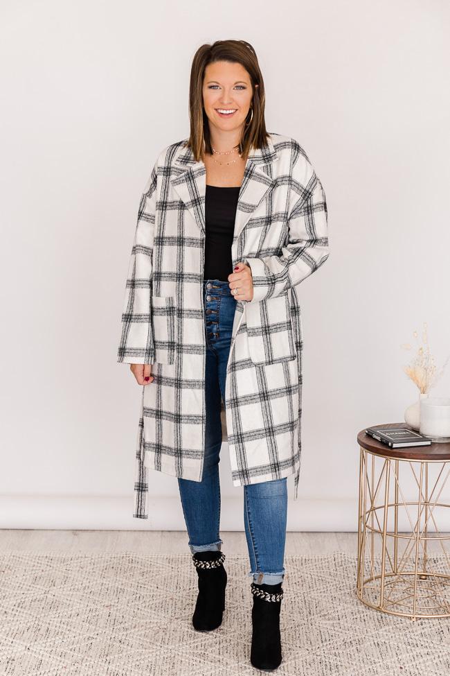 No Doubts In Mind Black/White Plaid Belted Coat