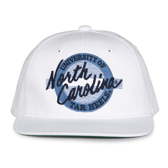 North Carolina Retro Circle snapback hat in white, front view