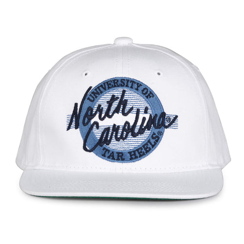 North Carolina Retro Circle snapback hat in white, front view
