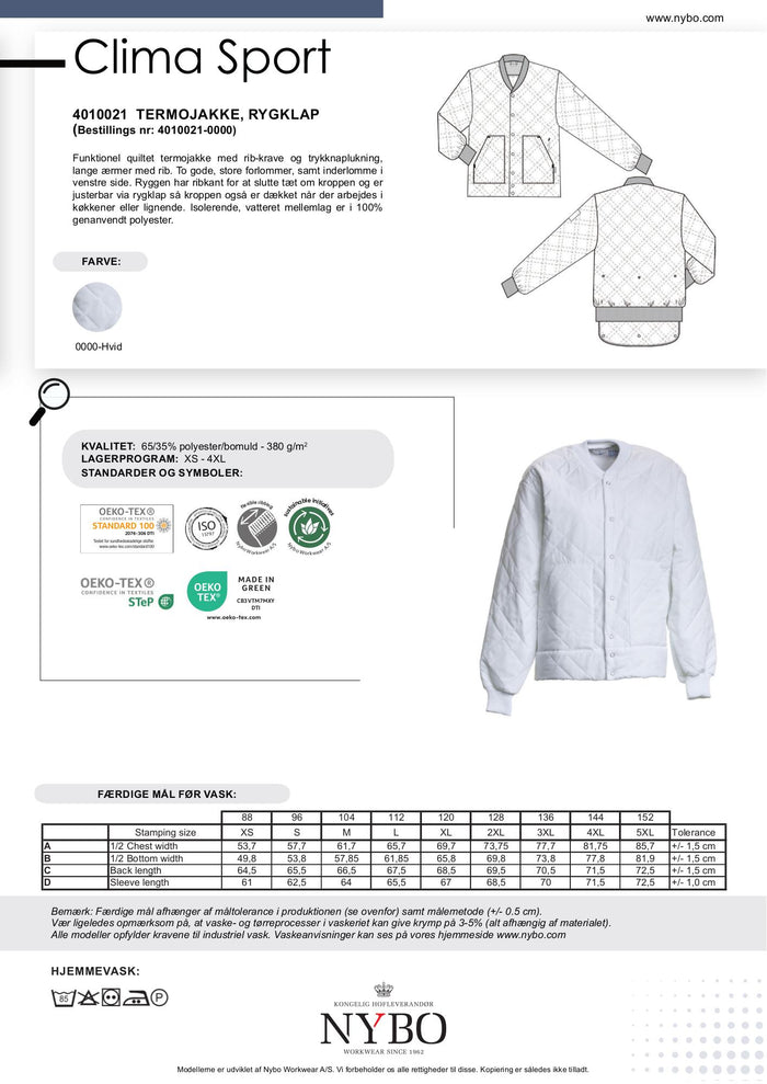 Nybo Hvid Unisex Clima Sport Termojakke, Rygklap