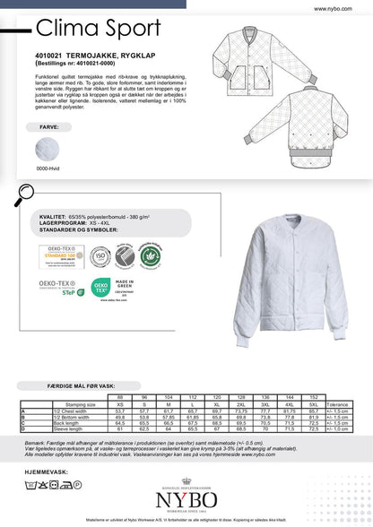 Nybo Hvid Unisex Clima Sport Termojakke, Rygklap