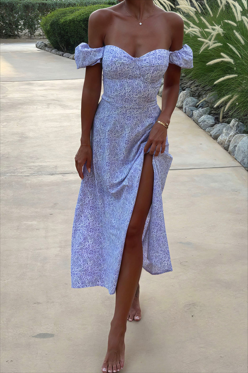 Off Shoulder Floral Slit Midi Dress