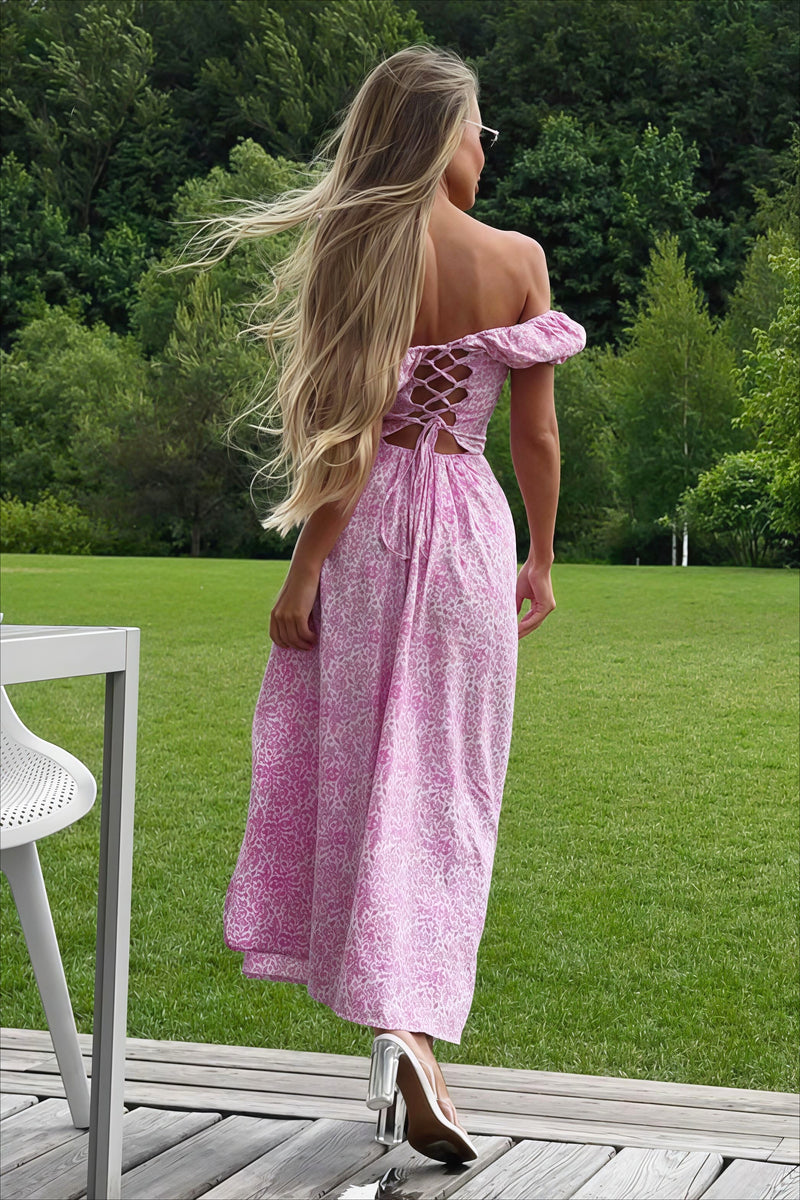 Off Shoulder Floral Slit Midi Dress
