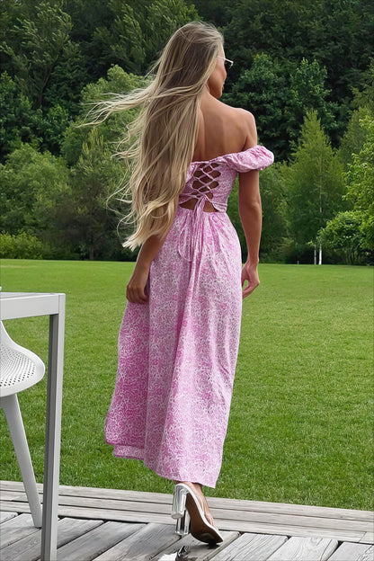 Off Shoulder Floral Slit Midi Dress