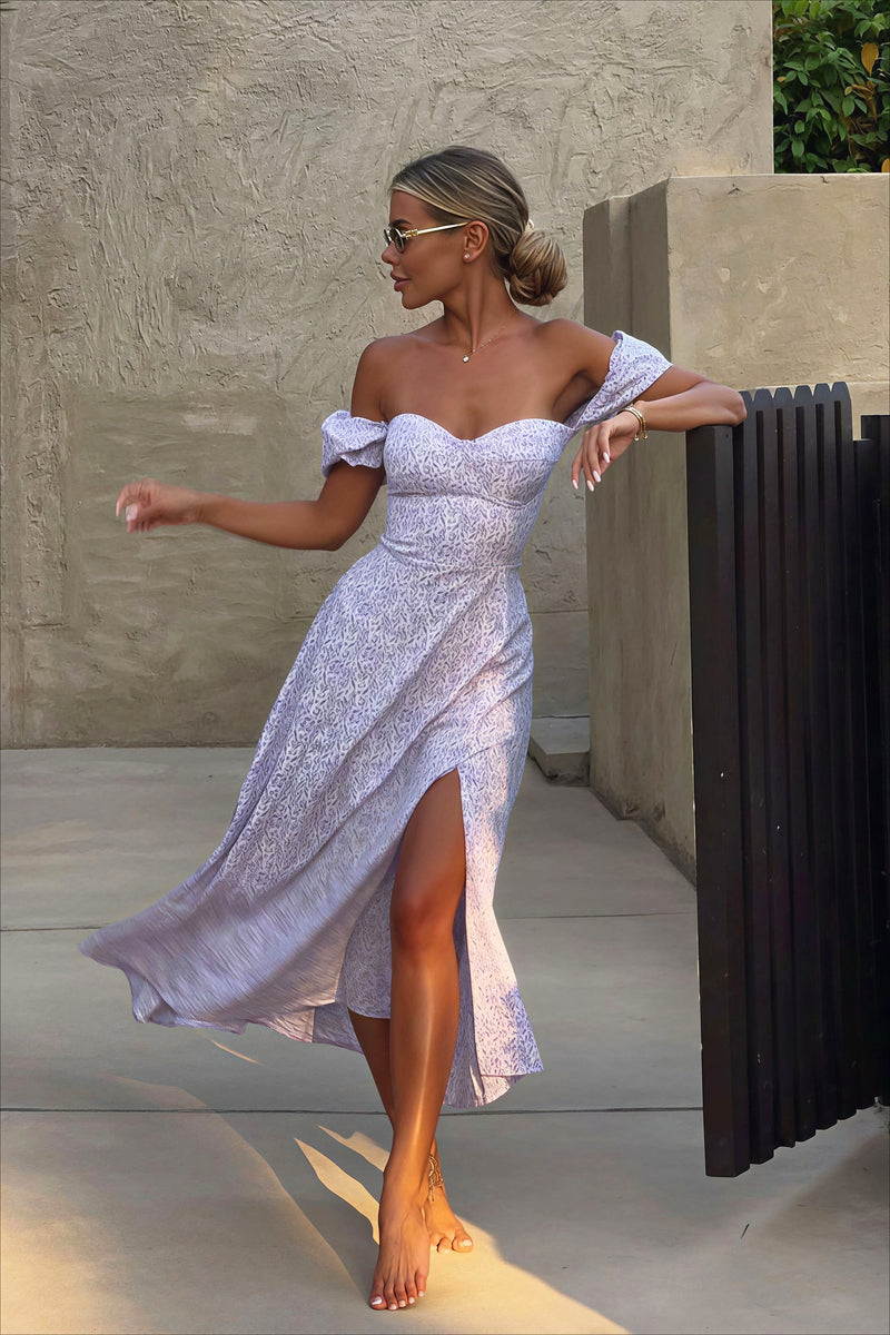 Off Shoulder Floral Slit Midi Dress
