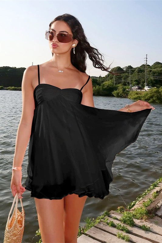 Off Shoulder Flowy Chiffon Cami Mini Dress