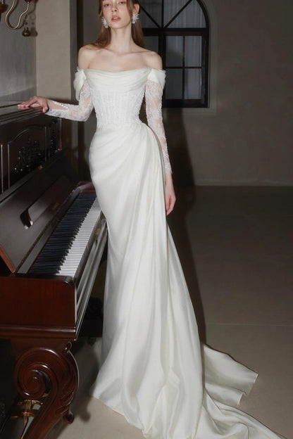 Off Shoulder Lace Satin Train Wedding Dress