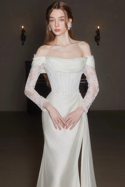 Off Shoulder Lace Satin Train Wedding Dress