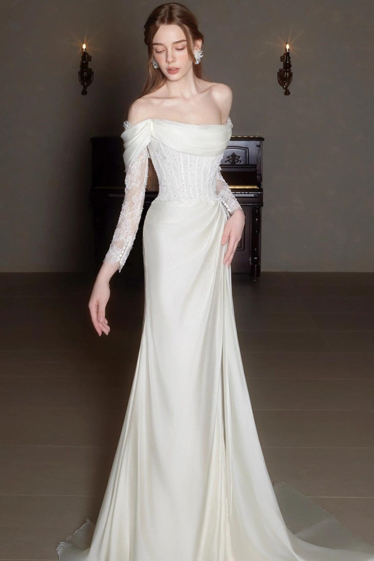 Off Shoulder Lace Satin Train Wedding Dress