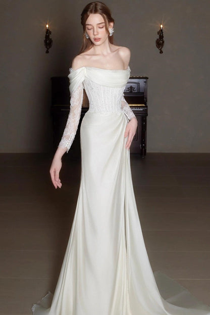 Off Shoulder Lace Satin Train Wedding Dress