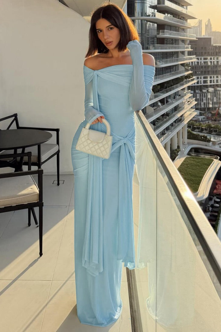 Off Shoulder Long Sleeve Solid Tie Bodycon Maxi Dress