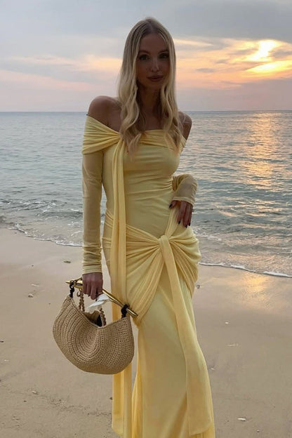 Off Shoulder Long Sleeve Solid Tie Bodycon Maxi Dress