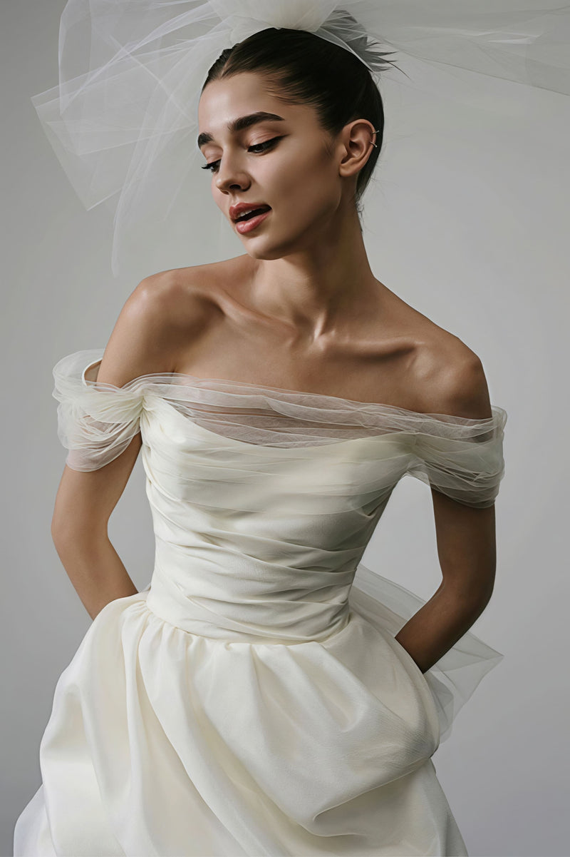 Off Shoulder Minimalist Satin Bud Reception Dress