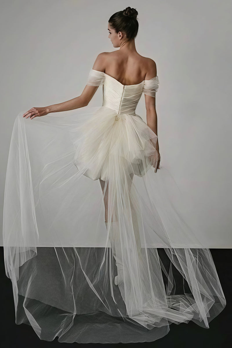 Off Shoulder Minimalist Satin Bud Reception Dress