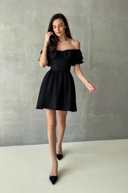 Off Shoulder Puff Sleeve Tie Mini Dress