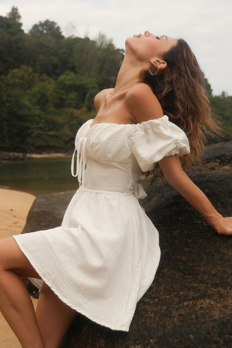 Off Shoulder Puff Sleeve Tie Mini Dress