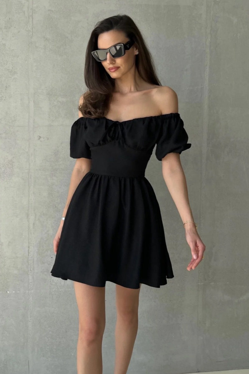 Off Shoulder Puff Sleeve Tie Mini Dress