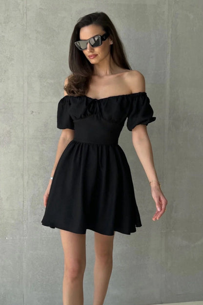 Off Shoulder Puff Sleeve Tie Mini Dress