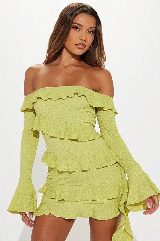 Off Shoulder Ruffle Flare Sleeve Mini Dress