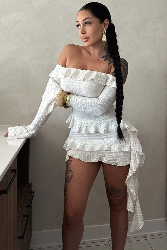 Off Shoulder Ruffle Flare Sleeve Mini Dress