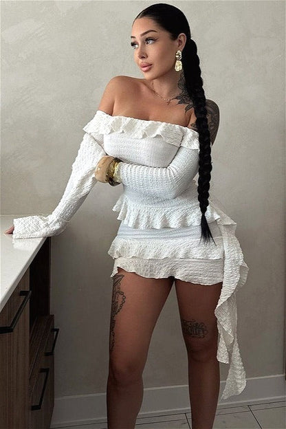Off Shoulder Ruffle Flare Sleeve Mini Dress