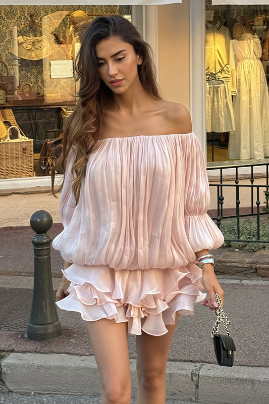 Off Shoulder Ruffle Shiny Fabric Mini Dress