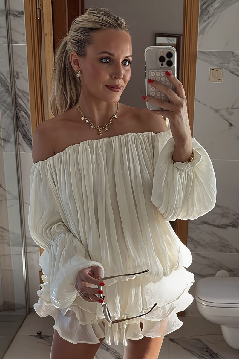 Off Shoulder Ruffle Shiny Fabric Mini Dress