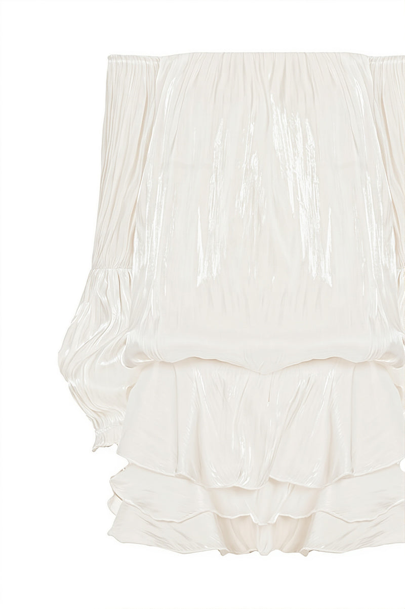 Off Shoulder Ruffle Shiny Fabric Mini Dress