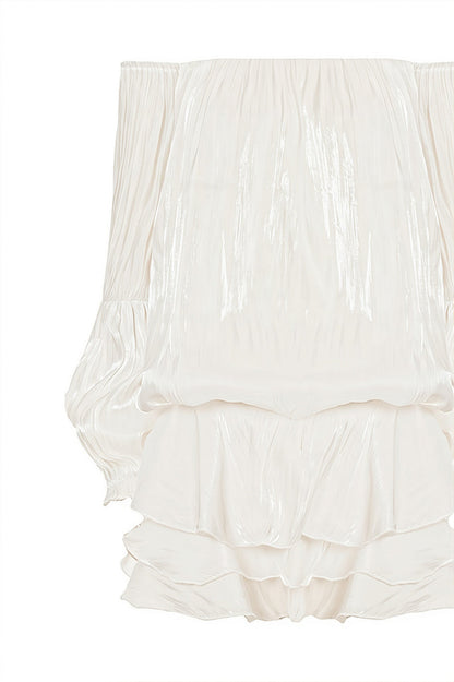 Off Shoulder Ruffle Shiny Fabric Mini Dress