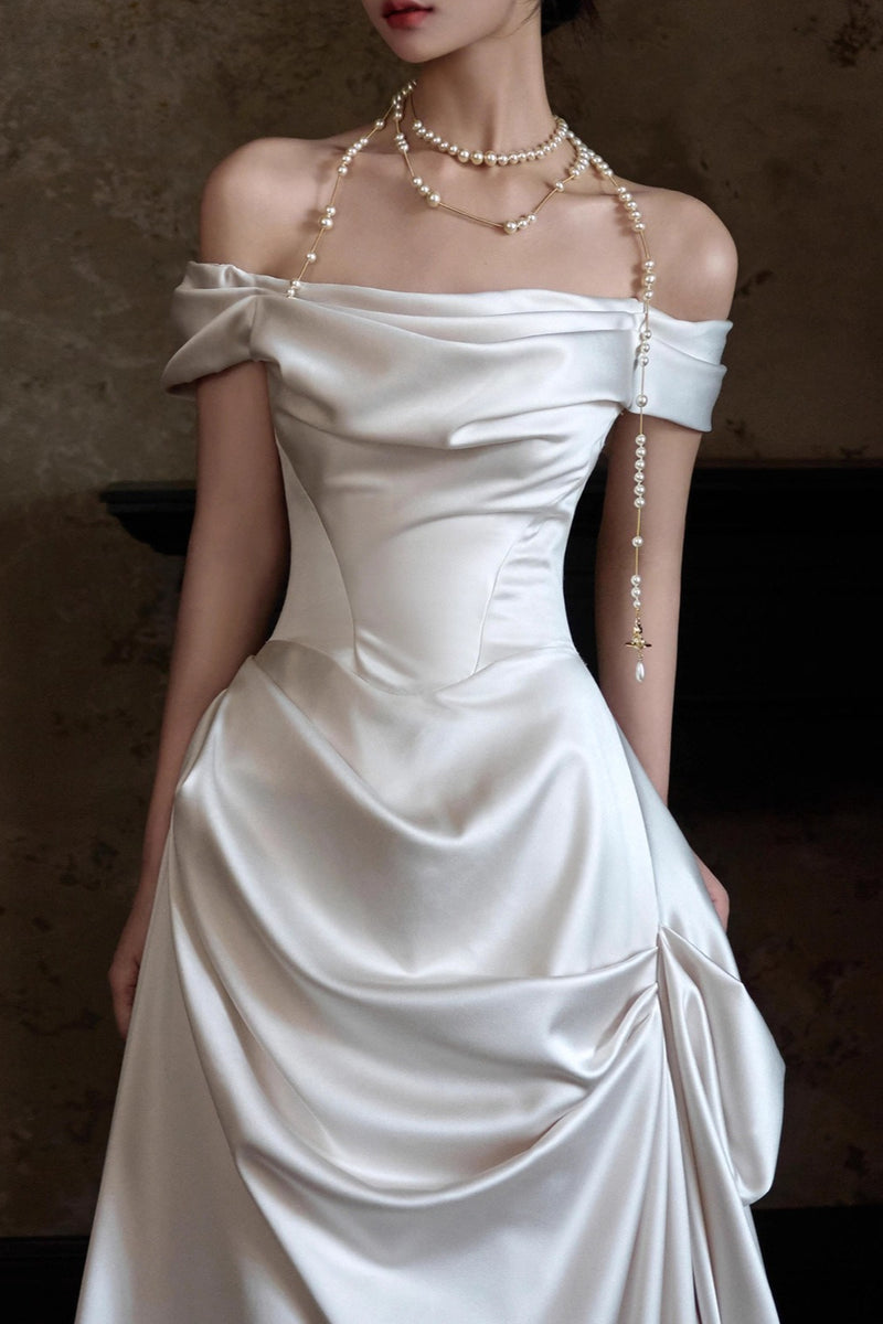 Off Shoulder Satin Train Reception Dress