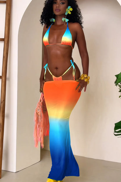 Ombre Halter Backless Three Piece Swim Set
