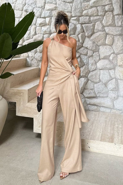 One Shoulder Asymmetric Tie Top High Waist Pants Two Piece Set