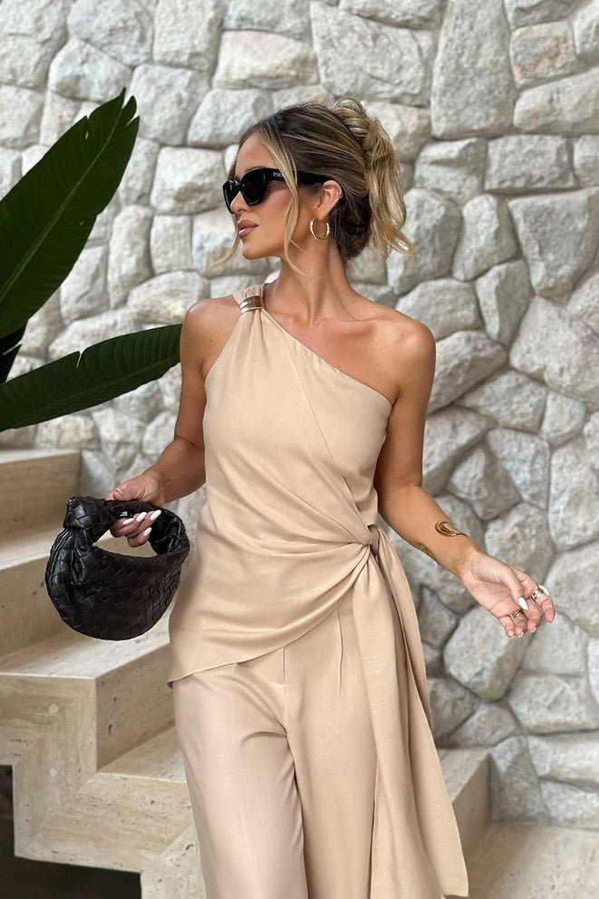 One Shoulder Asymmetric Tie Top High Waist Pants Two Piece Set