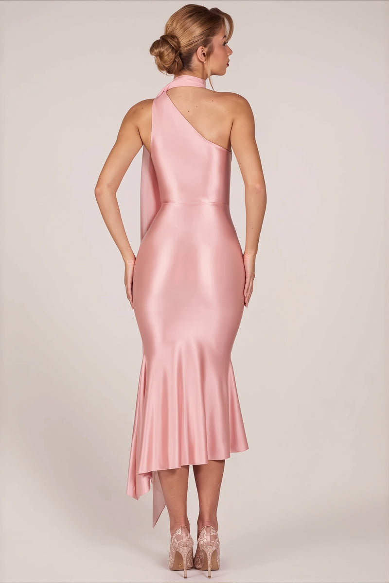 One Shoulder Mesh Satin Maxi Dress