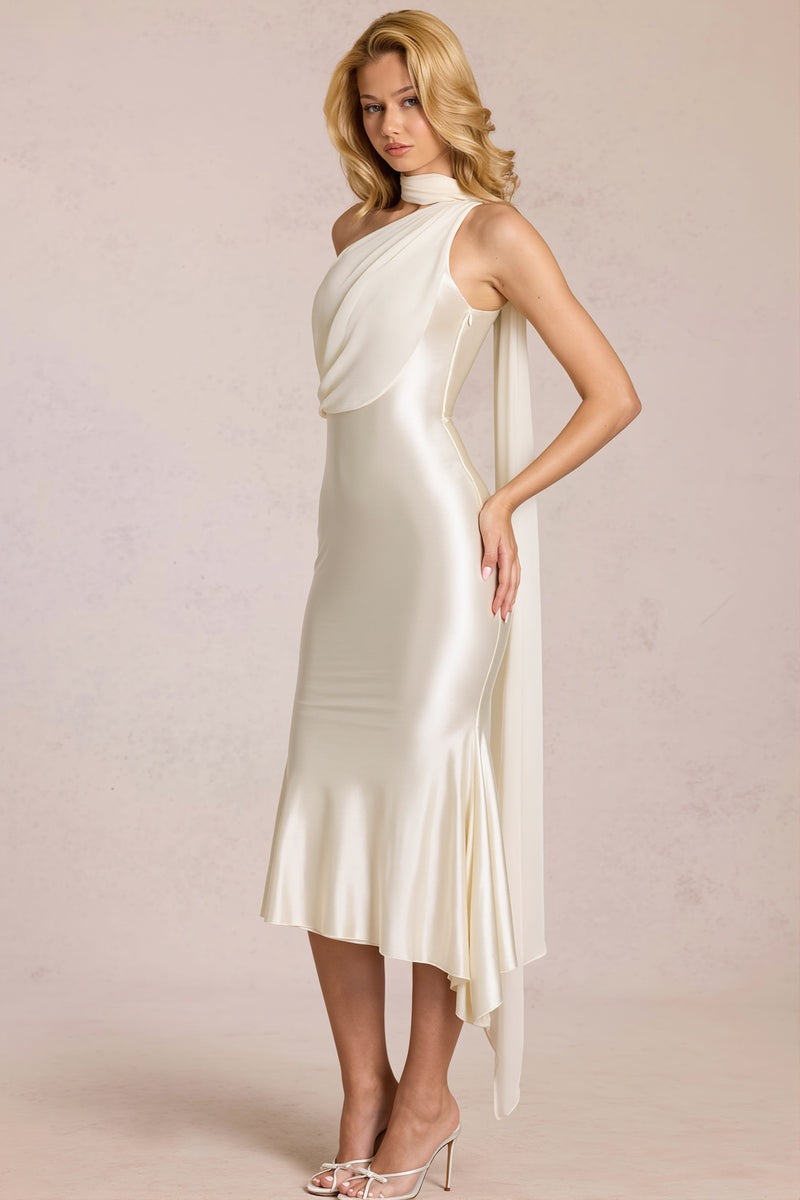 One Shoulder Mesh Satin Maxi Dress
