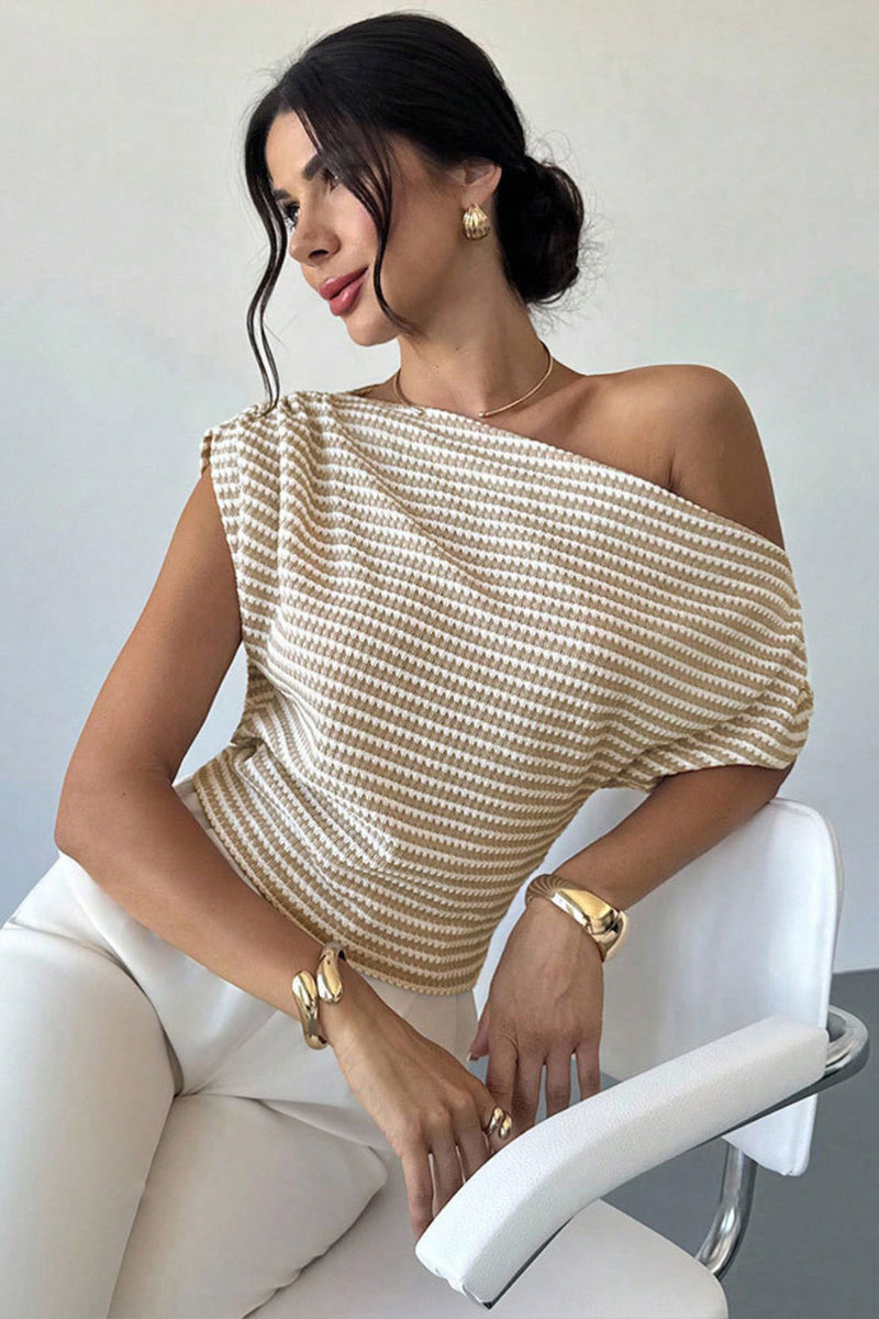 One Shoulder Striped Knit T-shirt