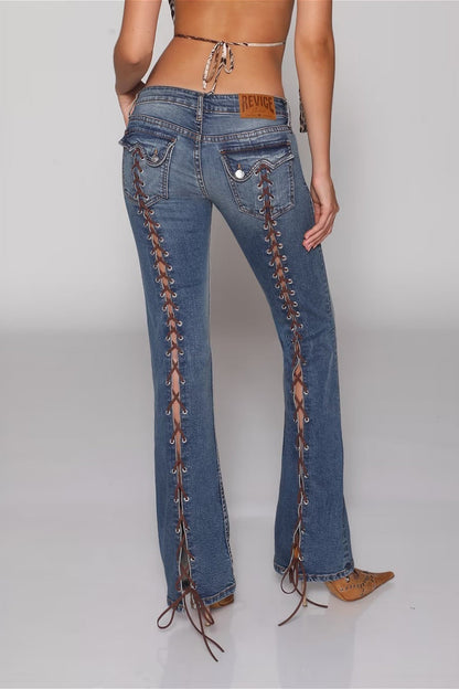 Open Back Lace Up Y2K Flare Jeans