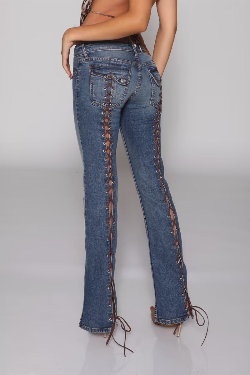 Open Back Lace Up Y2K Flare Jeans