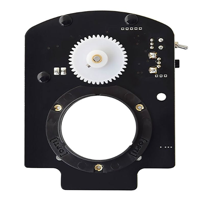 OPTIKinetics 50mm Variable Speed Active Gate Cassette Rotator close-up view showing the gear-driven cassette mount, speed dial, and direction toggle switch controls