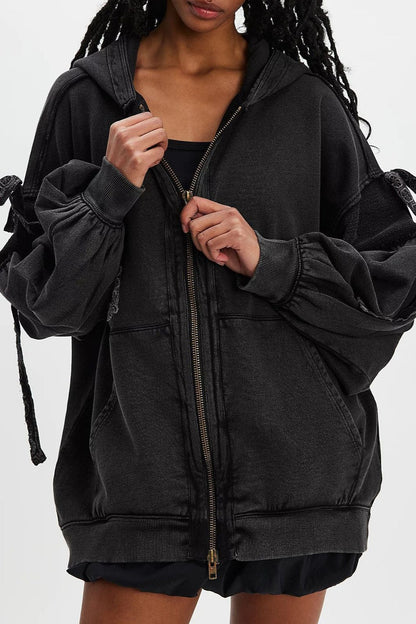 Oversized Lace Up Sleeve Zip Hoodie