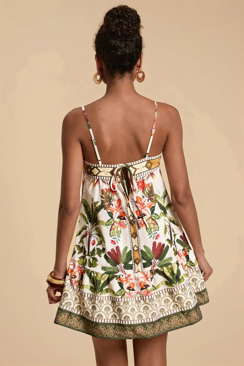 Palm Bird Print Loose Fit Cami Mini Dress