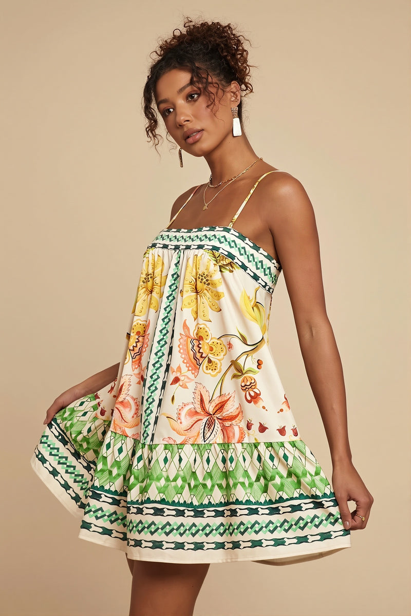 Palm Bird Print Loose Fit Cami Mini Dress